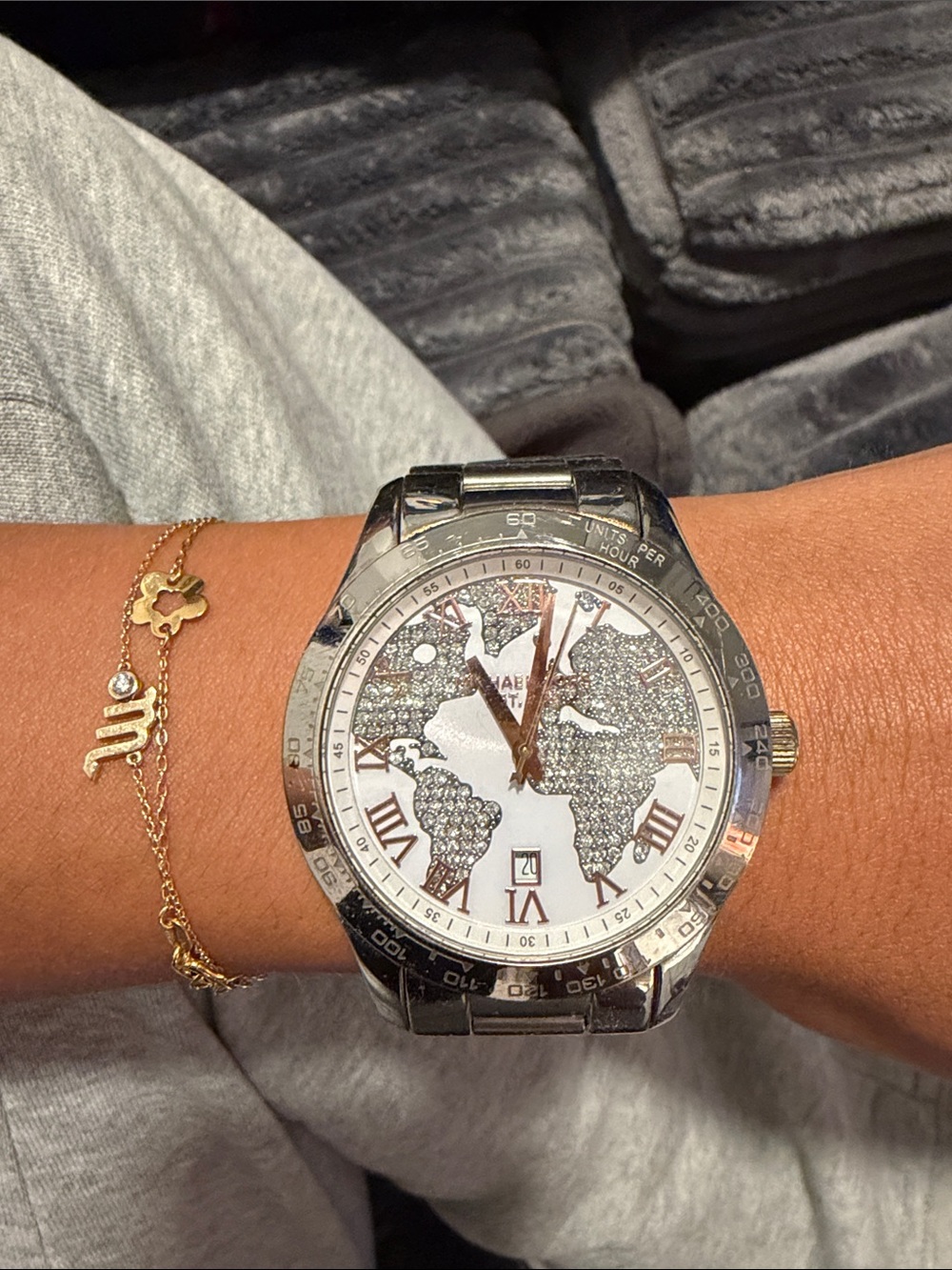 Michael Kors Silver World Map Dial Watch with Crystal Accents